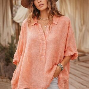 FLAX 100% Linen Oversized Tunic Top Peach Coral Button Front Boho Boxy